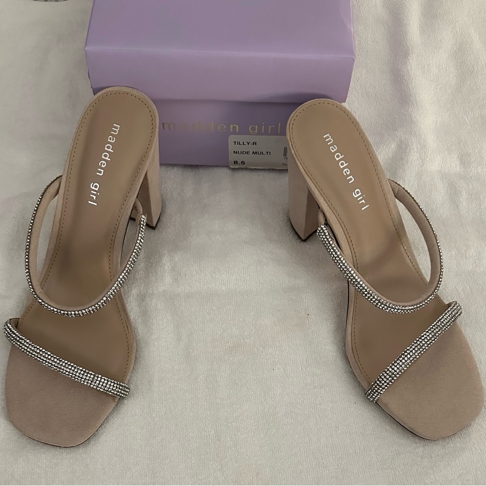 Madden Girl Tan Heels with Rhinestone Embellishments